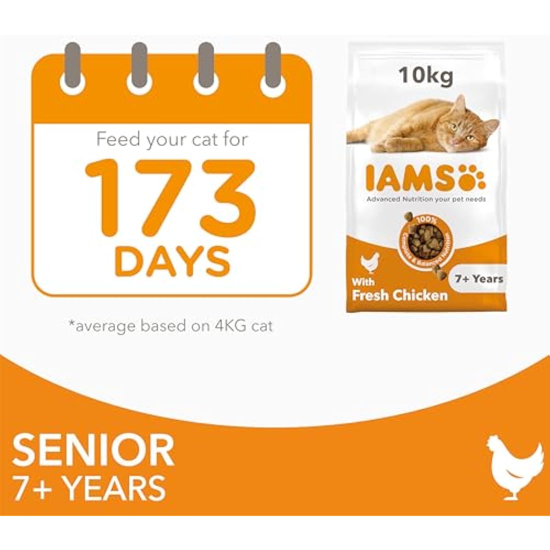 IAMS Senior Complete Dry Cat Food Chicken 10kg - Supports Heart Health
