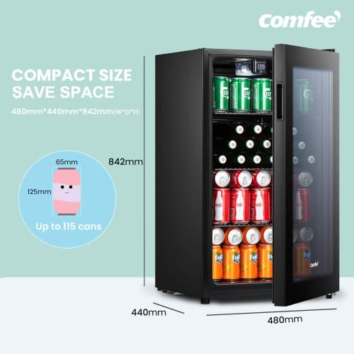 COMFEE' RCZ99BG2(E) Under Counter Beer & Drinks Fridge-93L Capacity,Holds up to 115 Cans, Premium Temperature Performance (2℃ to 15℃), Full Length Low-E Glass, Removable Shelves, LED Light, Low Noise