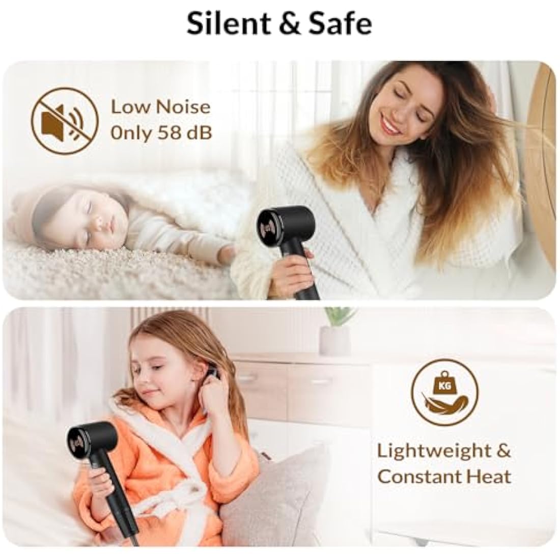 Chignon Ionic Hair Dryer with Diffuser - 110,000 RPM Brushless Motor, 1600W Blow Dryer with Temperature Display & Magnetic Attachments, Low Noise for Salon Styling