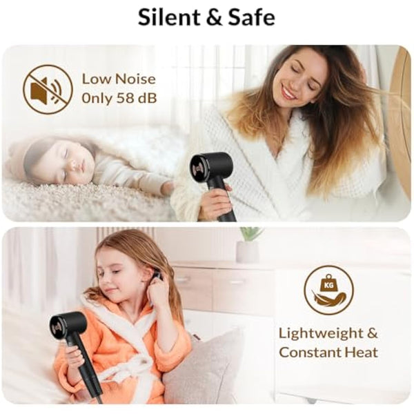 Chignon Ionic Hair Dryer with Diffuser - 110,000 RPM Brushless Motor, 1600W Blow Dryer with Temperature Display & Magnetic Attachments, Low Noise for Salon Styling