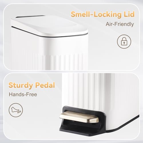ELPHECO Slim Bathroom Trash Can Foot-Operated Stainless Steel Garbage Can with Soft Close Lid Step Trash Bin with Removable Inner Bucket for Bedroom, Office, Kitchen (White, 1.8 Gallons)