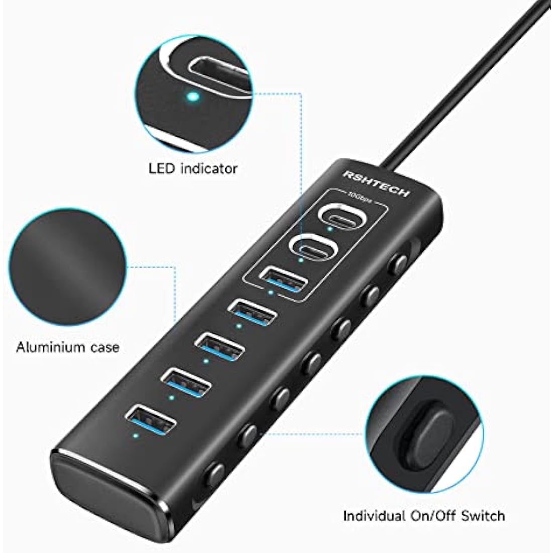 RSHTECH Powered USB 3.1/3.2 Hub, 7-Port USBC Hub with 3x 10Gbps Data Ports (2C+1A), 4x USB-A 3.0 and 12V/2A 24W Power Adapter, Aluminum USB3.2 Splitter with 3.3ft USB Cable (RSH-A107C)