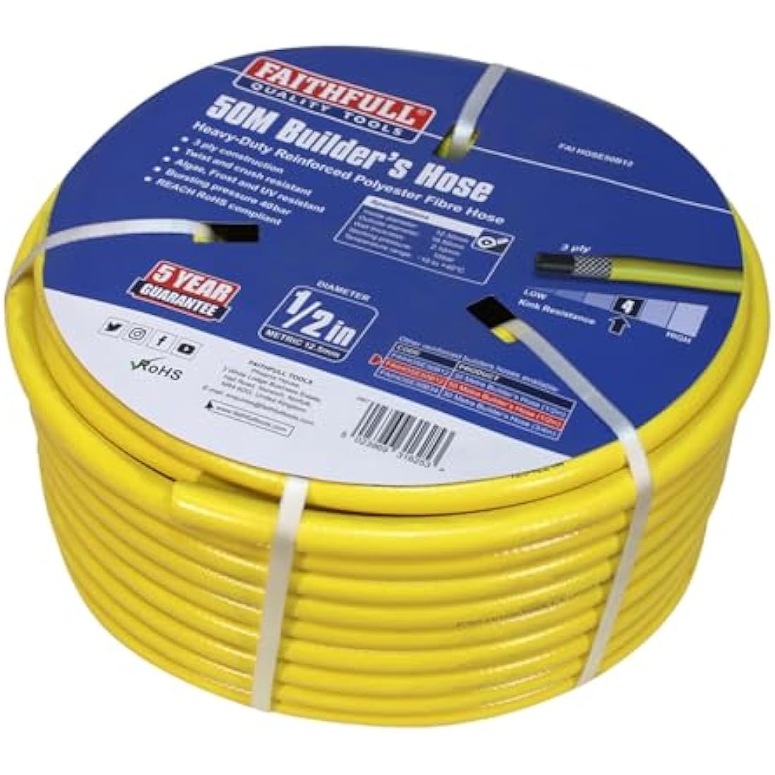 Faithfull Heavy-Duty Reinforced PVC Builders Hose 50M (164ft) 12.5mm (1/2in) Diameter – 24 Braid Fibre Mesh, Kink & Twist Resistant Hose Pipe