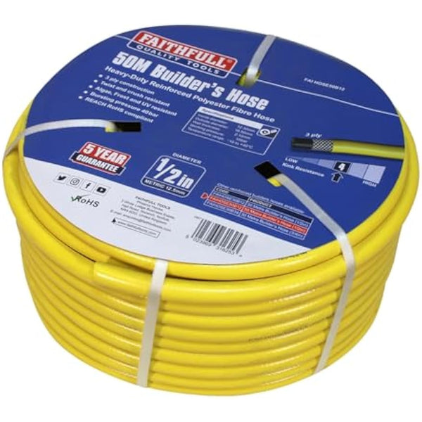 Faithfull Heavy-Duty Reinforced PVC Builders Hose 50M (164ft) 12.5mm (1/2in) Diameter – 24 Braid Fibre Mesh, Kink & Twist Resistant Hose Pipe