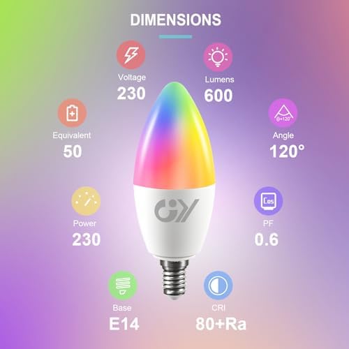 GY Smart Bulb C37 E14 Alexa Light Bulbs,6W 600lm 2700K-6500K RGB Dimmable Colour Changing Compatible with Alexa/Google Home 2.4 GHz WLAN,6 Packs