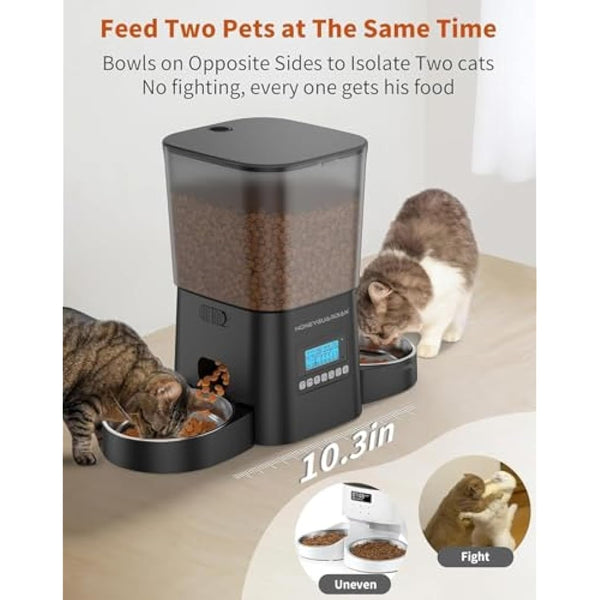 HoneyGuaridan Automatic Cat Feeders for 2 Cats, 3.5L Cat Food Dispenser with Double Bowls,Two Way Splitter Timed Cat Feeder for Dry Food, Programmable 1-6 Meals Control, Dual Power Supply, 10s Call