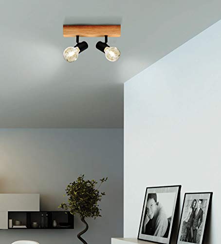 Eglo Townshend 3 Ceiling Light, 2-Flame Vintage Wall Spotlight with an Industrial/Retro Design Made of Steel and Wood, Black and Brown Colours, E27