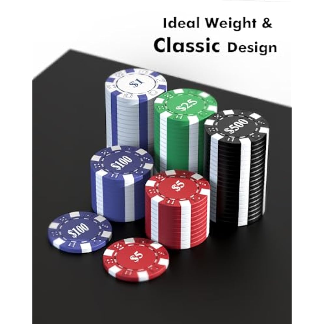 HEITOK Poker Chips with Denominations, 600-pcs 11.5g Weighted Numbered Casino Chips Set, 2 Decks with Compact Aluminum Case for Texas Hold'em, Blackjack