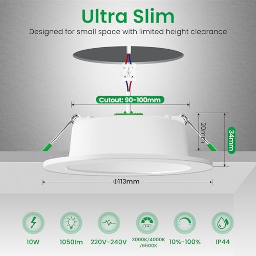 ALUSSO LIGHTING LED Downlights Dimmable Recessed Ceiling Lights 10W 1050lm High Brightness, 3000K Warm 4000K Neutral 6500K Cool White Bathroom Spot Lights Ceiling Ultra Slim Spotlights IP44, 6 Pack