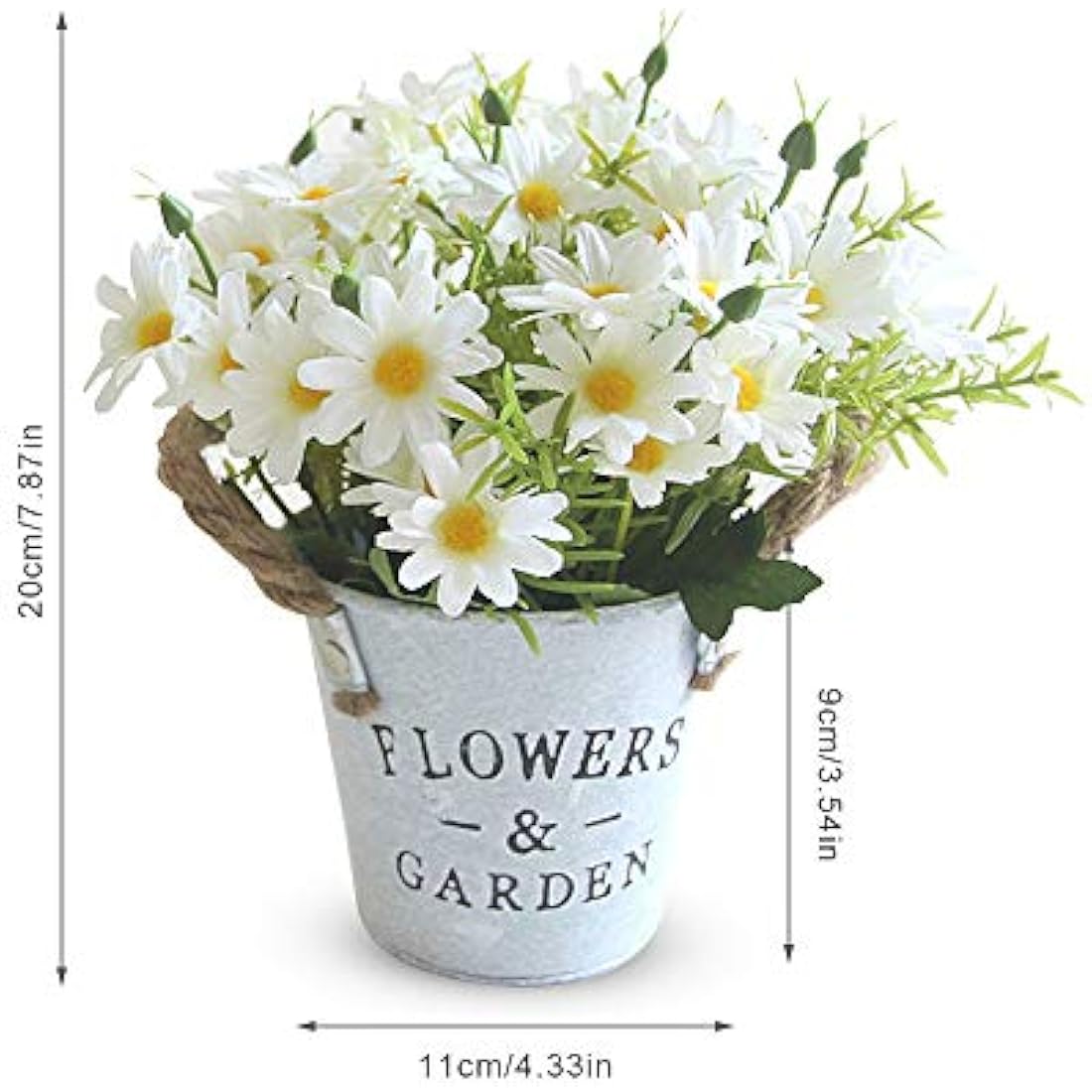 Hwtcjx Artificial Flowers with Vase, Artificial Flowers in Pots, Fake Plants With Metal Pot, Plastic Flower, with Vintage Metal Bucket, Beautiful Decoration, for Wedding, Office, Home (White)