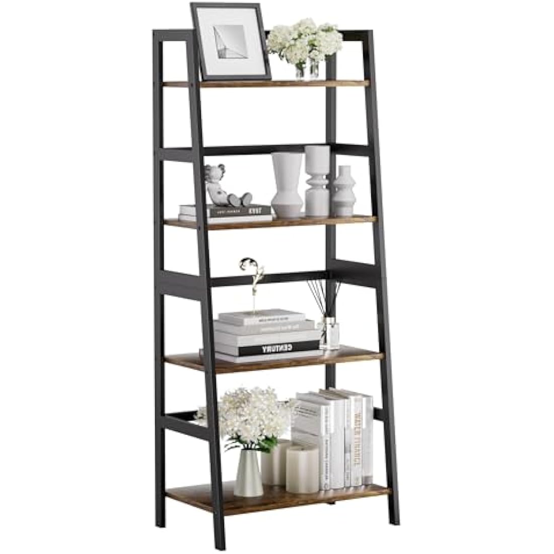 HITNET Ladder Shelf, 4 Tier Bookshelf, Freestanding Bathroom Storage Shelving Unit with Bamboo Frame for Living Room, Home Office, Bedroom, Rustic Brown and Black