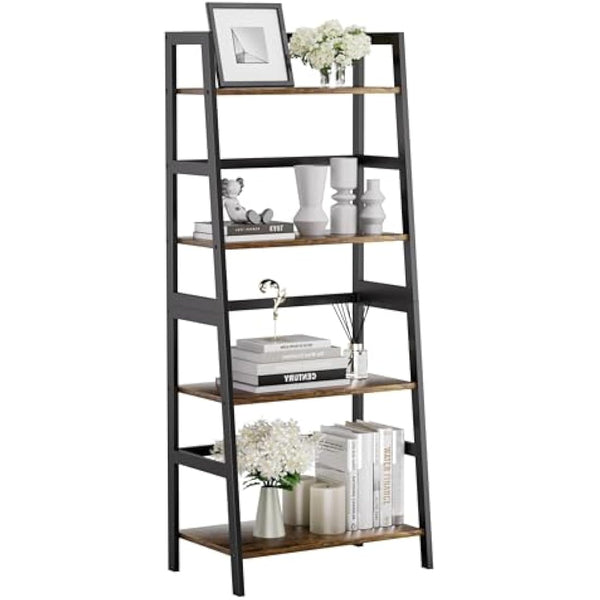 HITNET Ladder Shelf, 4 Tier Bookshelf, Freestanding Bathroom Storage Shelving Unit with Bamboo Frame for Living Room, Home Office, Bedroom, Rustic Brown and Black