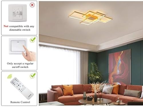 JIINOO Dimmable Ceiling Light 50W,3 Square Gold LED Ceiling Light with Remote Control 3 Colors,Modern LED Chandelier Flush Mount Ceiling Lamp Fixtures for Living Dining Room Bedroom Kitchen Office