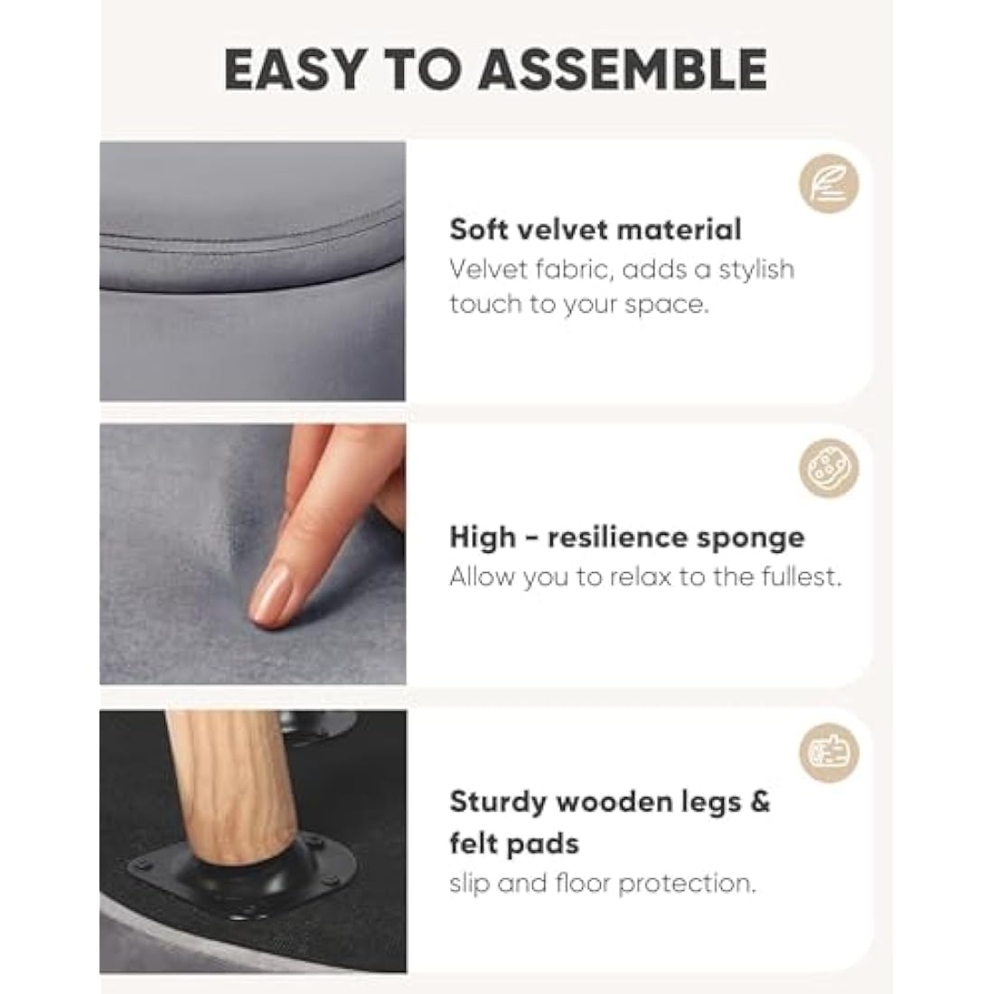 Bonlife Makeup Vanity Stool Side Table,Velvet Storage Footrest Ottoman Stool Seat Toy Box Storage Coffee Table with Wool Legs,Grey,36x36x45cm