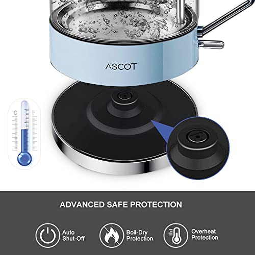Electric Kettle, ASCOT Glass Electric Tea Kettle 1.5L 2200W Tea Heater & Hot Water Boiler, Borosilicate Glass, BPA-Free, Auto Shut-Off and Boil-Dry