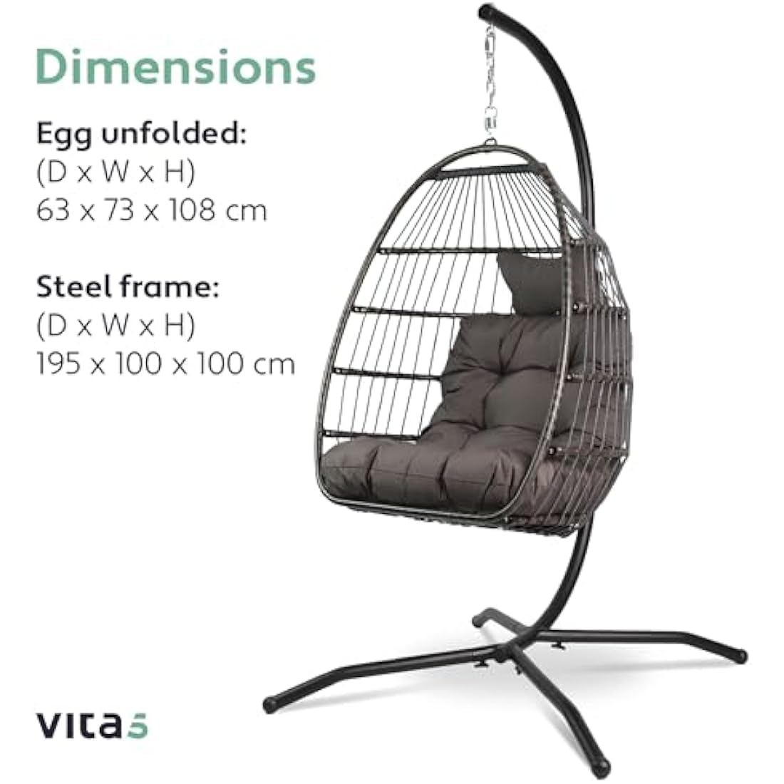 Vita5 Hanging Egg Chair Indoor&Outdoor - Swing Chair with Frame Polyrattan with Cushion - Hanging Chair Outdoor and Indoor - Foldable Hammock Chair - Maximum Load 150kg - Dark grey