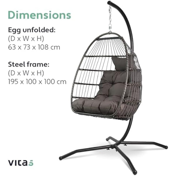 Vita5 Hanging Egg Chair Indoor&Outdoor - Swing Chair with Frame Polyrattan with Cushion - Hanging Chair Outdoor and Indoor - Foldable Hammock Chair - Maximum Load 150kg - Dark grey