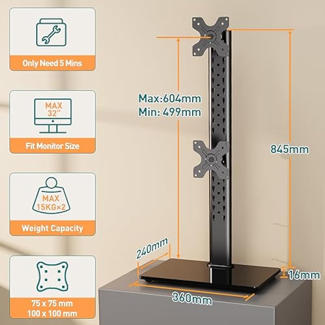 ELIVED Dual Monitor Stand - Freestanding Arm for 13-32 Inch Monitors, VESA 75x75/100x100mm, Up to 15KG, 360° Rotation, Height Adjustable EV2012
