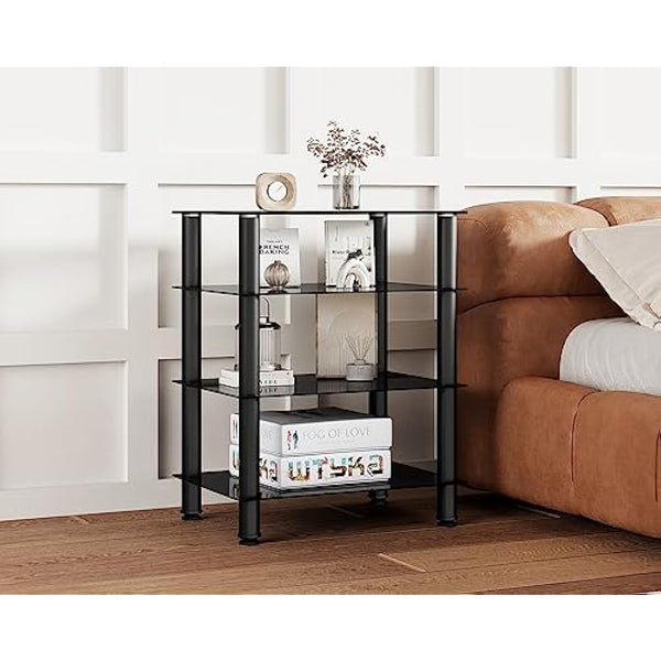 FITUEYES HiFi Rack AV Shelf 4-Tiers Glass TV Stand with Tempered Glass Media Storage Shelves Black