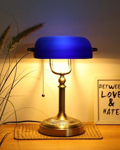 Newrays Blue Glass Bankers Desk Lamp with Pull Chain Switch Plug in Fixture for Home Office,Library