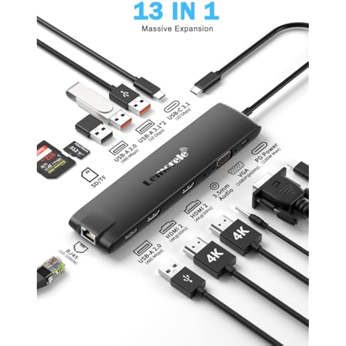 Docking Station USB C/A 10 Gbps 3*Display 13 in 1, 2025 Upgrade Lemorele USB Hub 2 x 4K HDMI, Gigabit Ethernet, 4 x USB 3.0/2.0, VGA, Type-C 3.1, PD 100W, Audio, SD/TF for Windows, MacBook