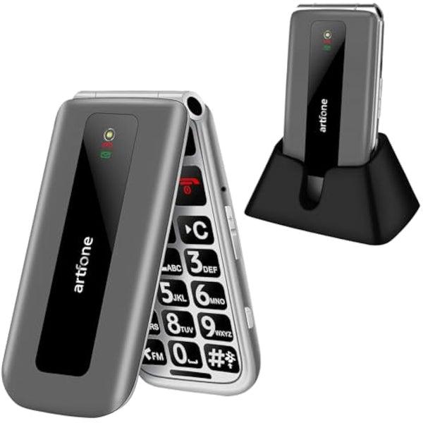 artfone F30 4G Unlocked Basic Mobile Phone for Seniors丨Flip Phone丨SIM Free Big Button Senior Mobile Phone丨2.4" Display丨 SOS Button丨Speed Dial丨Charging Dock丨FM丨Torch丨1300mAh Battery - Silver Grey