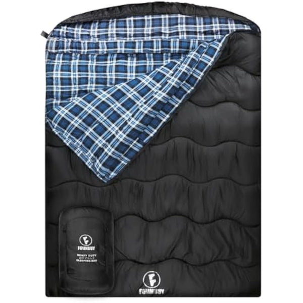FORINBUY Winter Cotton Flannel Double Sleeping Bag for Adults - 0 degree Queen Size 2 Person Sleeping Bag, Waterproof & Warm for Cold Weather, Ideal for Couples, Family Camping & RV Travel