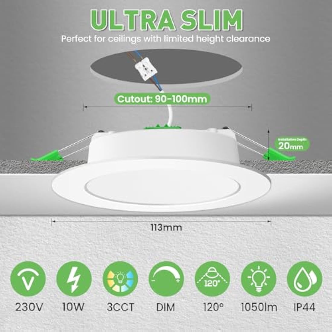 ALUSSO LED Downlights Ceiling Dimmable 10W 1050LM IP44 Recessed Ceiling Lights, 3CCT 3000K Warm 4000K Neutral 6500K Cool Adjustable Bathroom Spotlights, White, 6 Pack