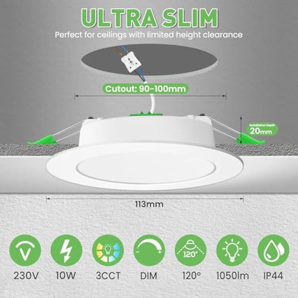 ALUSSO LED Downlights Ceiling Dimmable 10W 1050LM IP44 Recessed Ceiling Lights, 3CCT 3000K Warm 4000K Neutral 6500K Cool Adjustable Bathroom Spotlights, White, 6 Pack