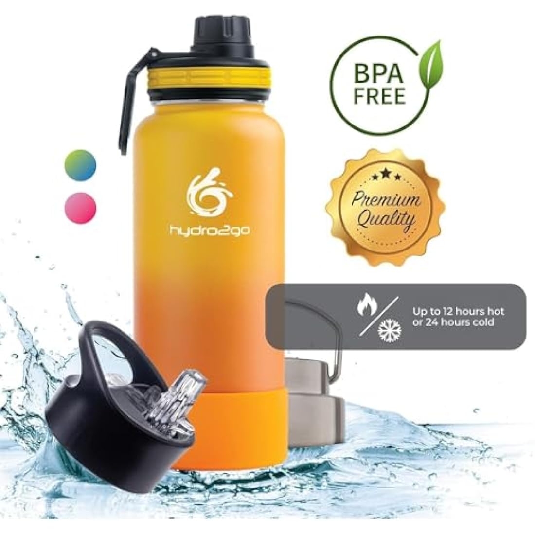 hydro2go Stainless Steel Water Bottle – BPA-Free Bottle for Kids, School, Sports & Outdoor – Keeps Drinks Hot for up to 12H and Cold for up to 24H – Includes 3 Drinking Caps – 950 ml (Sun)