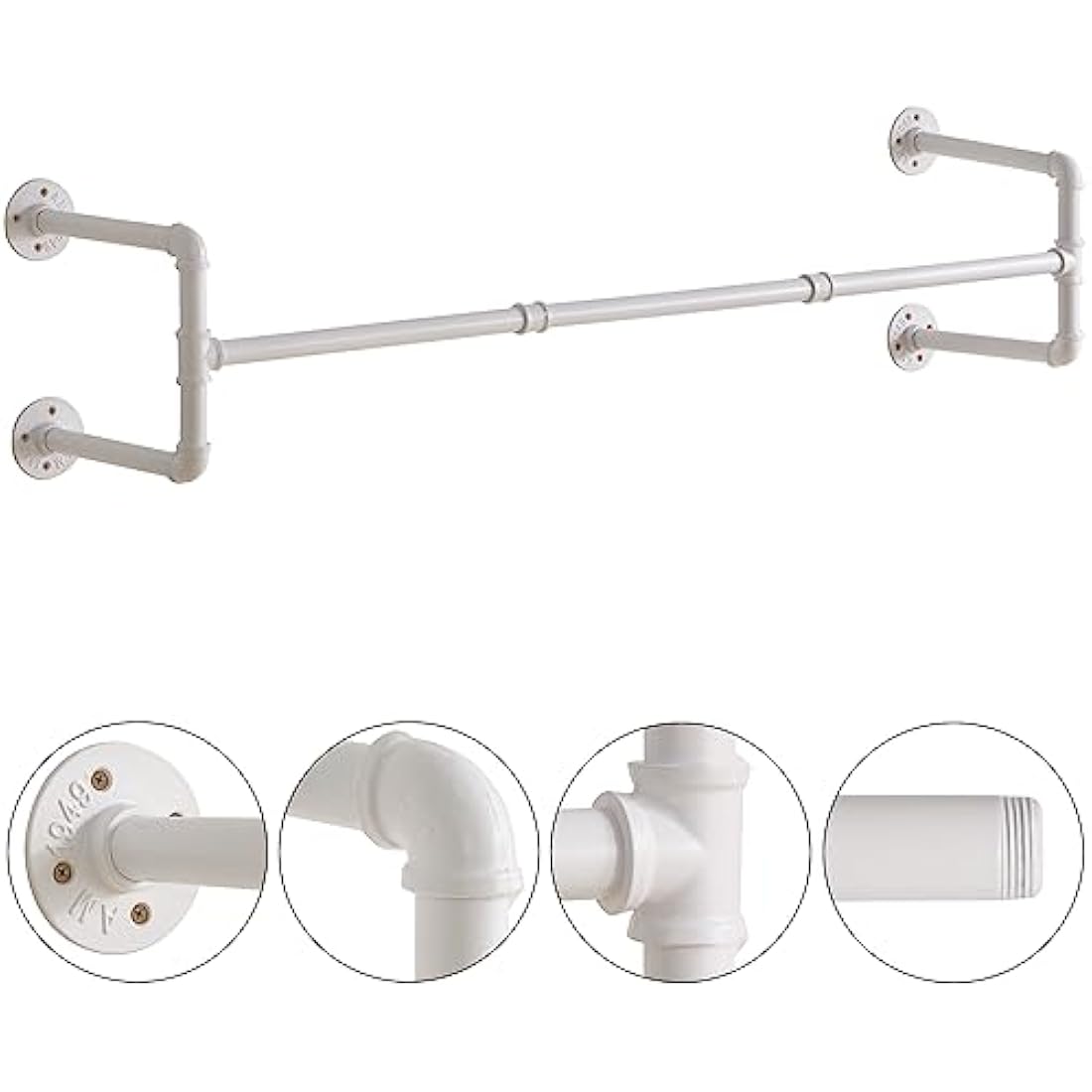 IBUYKE 50" Wall Mounted Coat Rack Industrial Design Wall Mount Removable Clothes Rack Space Saving Rack Load up to 60kg Four Bases White TYJ002W