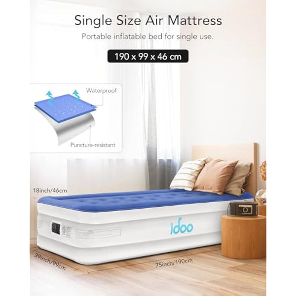 iDOO Single Air Bed, Inflatable Mattress with Built-in Electric Pump, Blow Up Mattress Camping Airbed, Self inflating Camp Bed in Storage Bag for Home Portable Travel 190x99x46cm