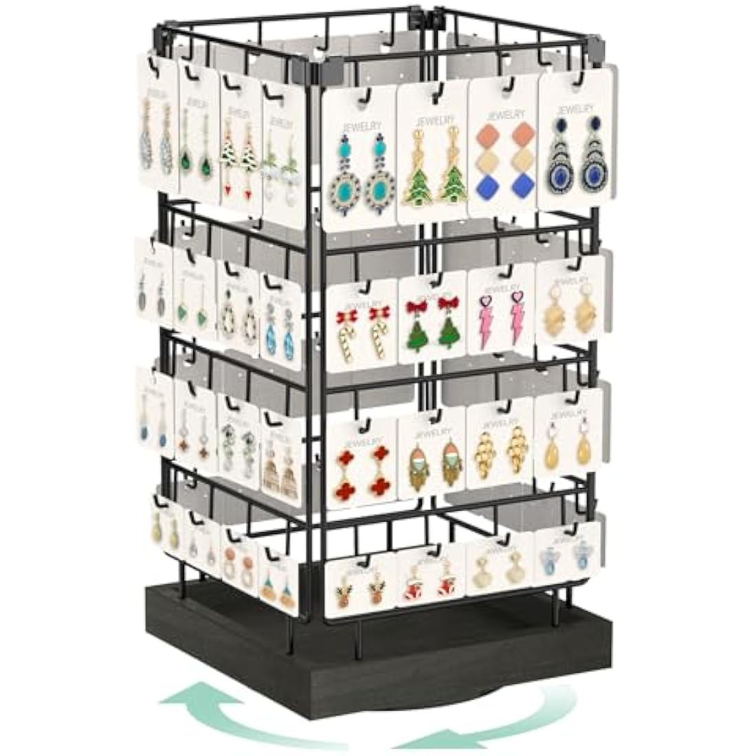 EsLuker.ly Rotating Earring Display Holder Stand for Vendors Events Selling, Large Capacity 64 Hooks Jewelry Rack with Wooden Base for Earring Card Sales, Enhances Retail Visibility (Black+Black)