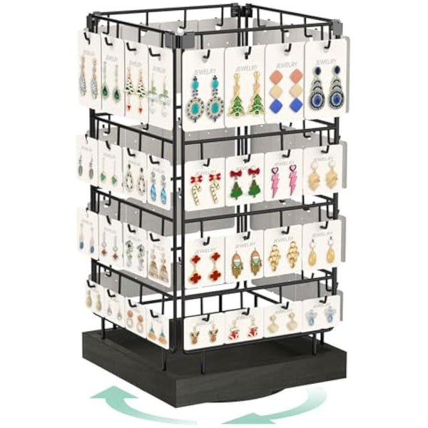 EsLuker.ly Rotating Earring Display Holder Stand for Vendors Events Selling, Large Capacity 64 Hooks Jewelry Rack with Wooden Base for Earring Card Sales, Enhances Retail Visibility (Black+Black)
