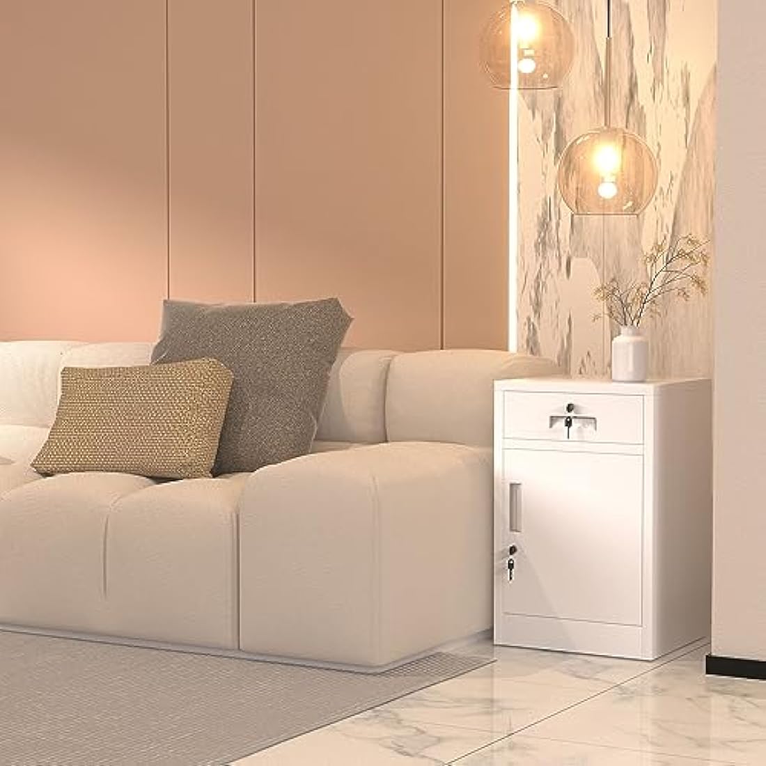 JINGUR Metal Storage Cabinet with Locking Door and Drawer, Lockable Drawer Chest with Adjustable Shelf for Home Office Bedroom Living Room (White)