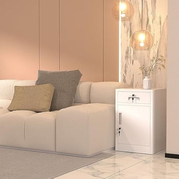 JINGUR Metal Storage Cabinet with Locking Door and Drawer, Lockable Drawer Chest with Adjustable Shelf for Home Office Bedroom Living Room (White)