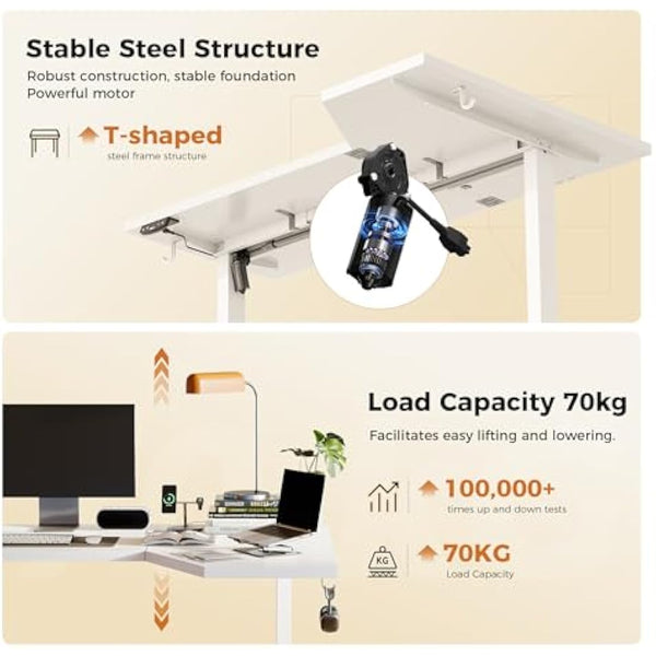 Agilestic L-Shaped Electric Standing Desk, 140cm Height Adjustable Sit-Stand Desk for Home Office, Ergonomic Computer Desk with Spliced Board, White