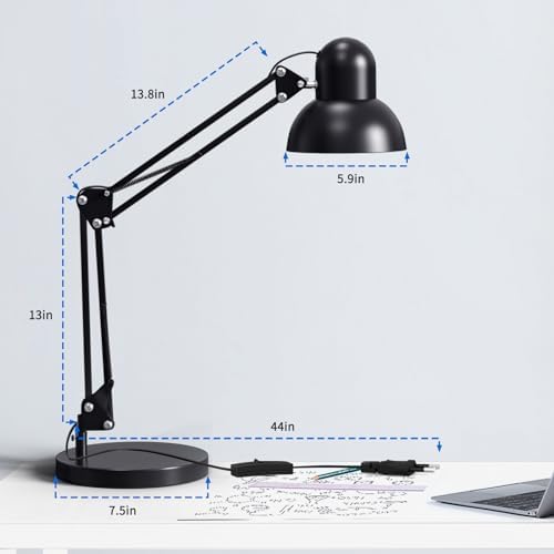 LONGTOO Bigger Table Lamp with E27 Screw Bulb, Flexible Clamp on Desk Light, Adjustable 65cm Swing Arm Light for Office, Bedside, Studying, and Reading