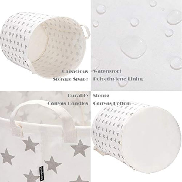 Sea Team 19.7 Inch Large Sized Waterproof Coating Ramie Cotton Fabric Folding Laundry Hamper Bucket Cylindric Burlap Canvas Storage Basket with Stylish Grey Stars Design