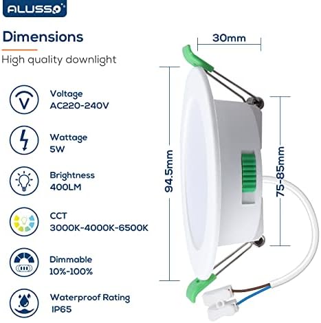 ALUSSO LED Recessed Ceiling Lights Dimmable, 5W IP65 LED Bathroom Spotlights, Warm White 3000K-Neutral White 4000K-Cool White 6500K Adjustable, Cut Φ75-85MM, 30MM Ultra-Slim Round Downlights, 6 Pack