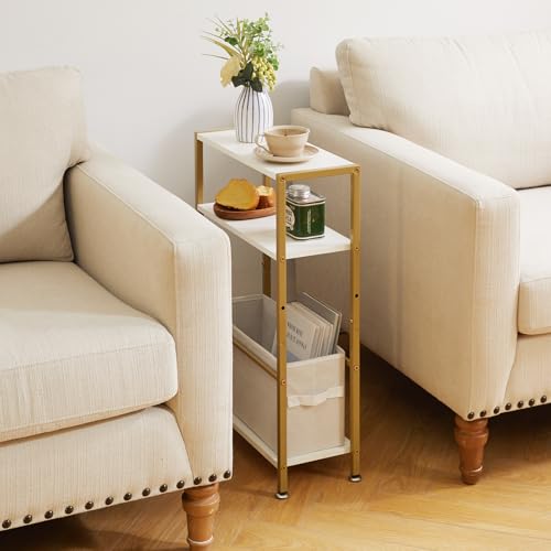Aibiju Narrow Side Table,3-Tier Slim End Table with Fabric Basket, Modern Sofa Table for Narrow and Small Spaces,with Gold Metal Frame,White YD-TM052J
