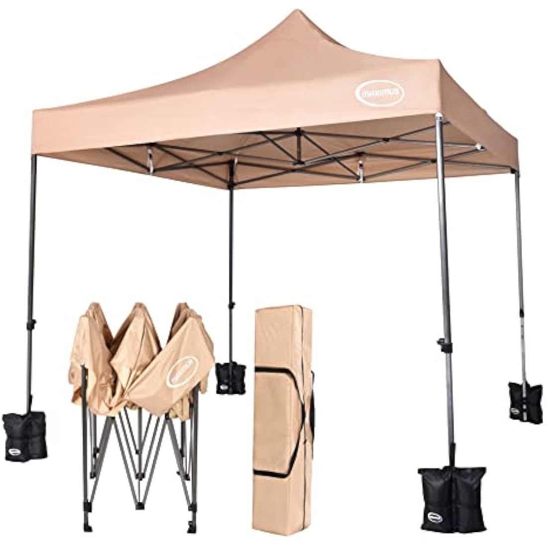 MAXIMUS HEAVY DUTY POP UP GAZEBO 3m x 3m COMMERCIAL MARKET STALL WITH 4 WEIGHT BAGS (4 Walls, Beige)