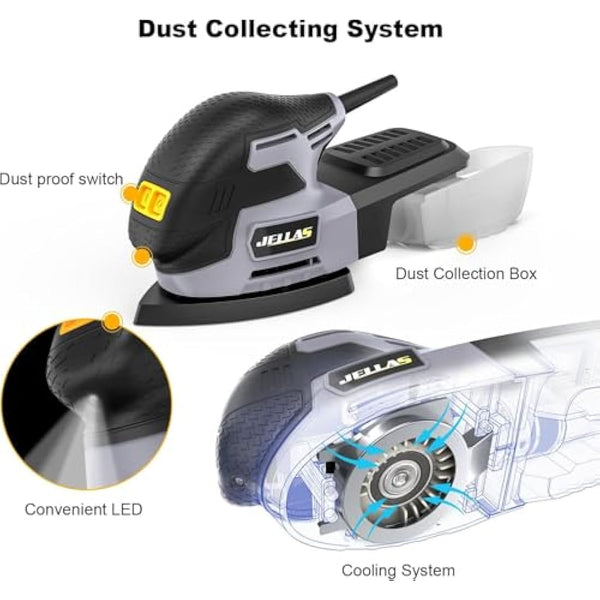 JELLAS Detail Mouse Sander, 220W Compact Sander Machine for Wood, 13,000 RPM Sanders with Dust Collection, 12PCS Standard Sandpapers, 4 Finger Attachment and Sanding Pad Included, JD2442