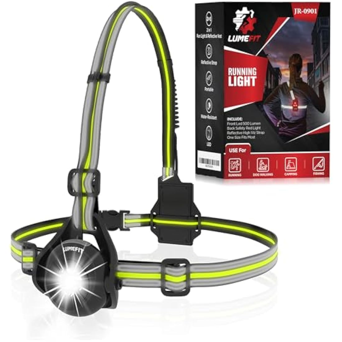 LUMEFIT Run Light Running Lights for Runners Chest LED Lamp 90° Adjustable Beam Angle 500 Lumen 360 Degree Reflective Band USB Rechargeable Front Body Torch Jogging Hiking