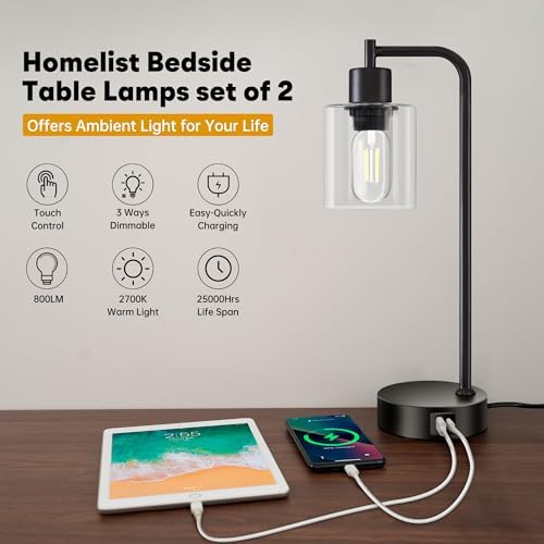 Homelist Touch Lamp Bedside Set of 2, Dimmable Bedside Lamps with USB C+A Charging Ports, Plug in Bedside Table Lamps for Bedroom, Nightstand, Industrial Touch Lights for Home Office-Bulbs Included