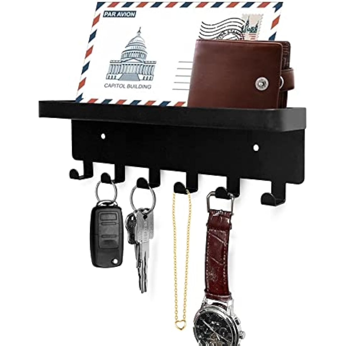 GTK Key Holder with Tray and 6 Hooks for Hallway, Key Rack with Shelf for Mail Storage (Black)