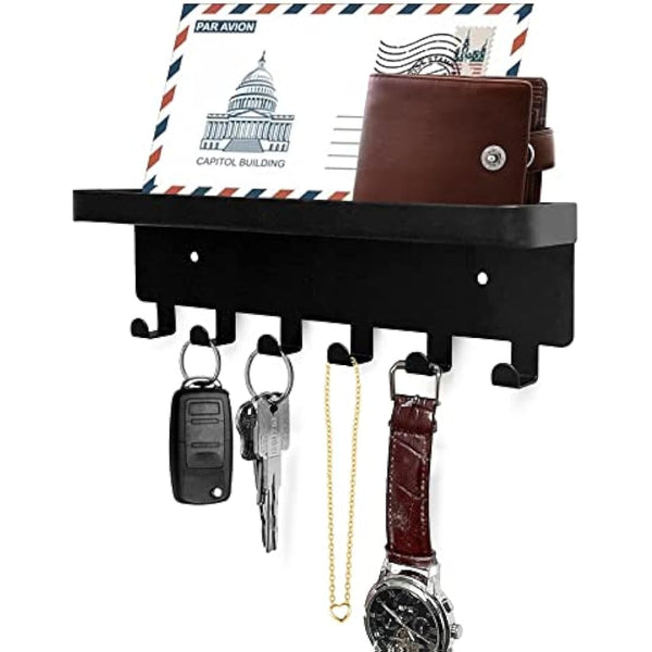 GTK Key Holder with Tray and 6 Hooks for Hallway, Key Rack with Shelf for Mail Storage (Black)