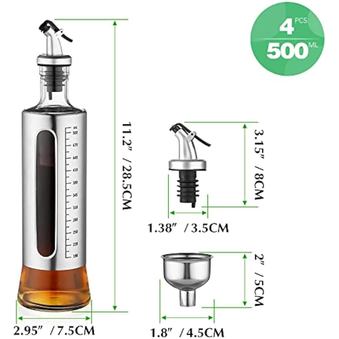 ACEWARMS Oil dispenser bottle for kitchen, Olive oil bottles with drizzlers, Vinegar bottles, 500ml 4Pack glass soy sauce bottles with lids+Stainless steel funnel (500ml 4Pack)