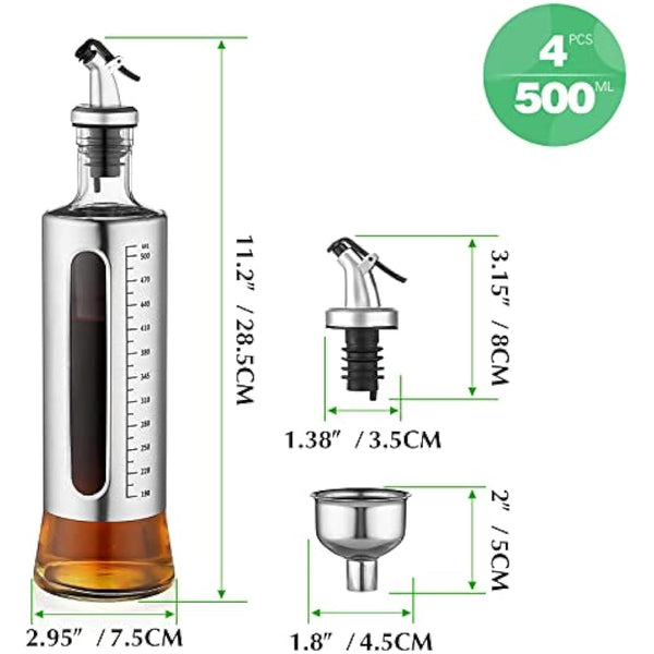 ACEWARMS Oil dispenser bottle for kitchen, Olive oil bottles with drizzlers, Vinegar bottles, 500ml 4Pack glass soy sauce bottles with lids+Stainless steel funnel (500ml 4Pack)