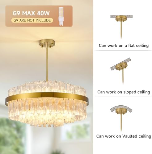 KUNYEEE Gold Crystal Chandeliers Flush Mount Crystal Ceiling Light Fixture Round Chandeliers Pendant Light for Living Room Kitchen Island Dining Table Hallway, G9 x 12 Lights 60cm